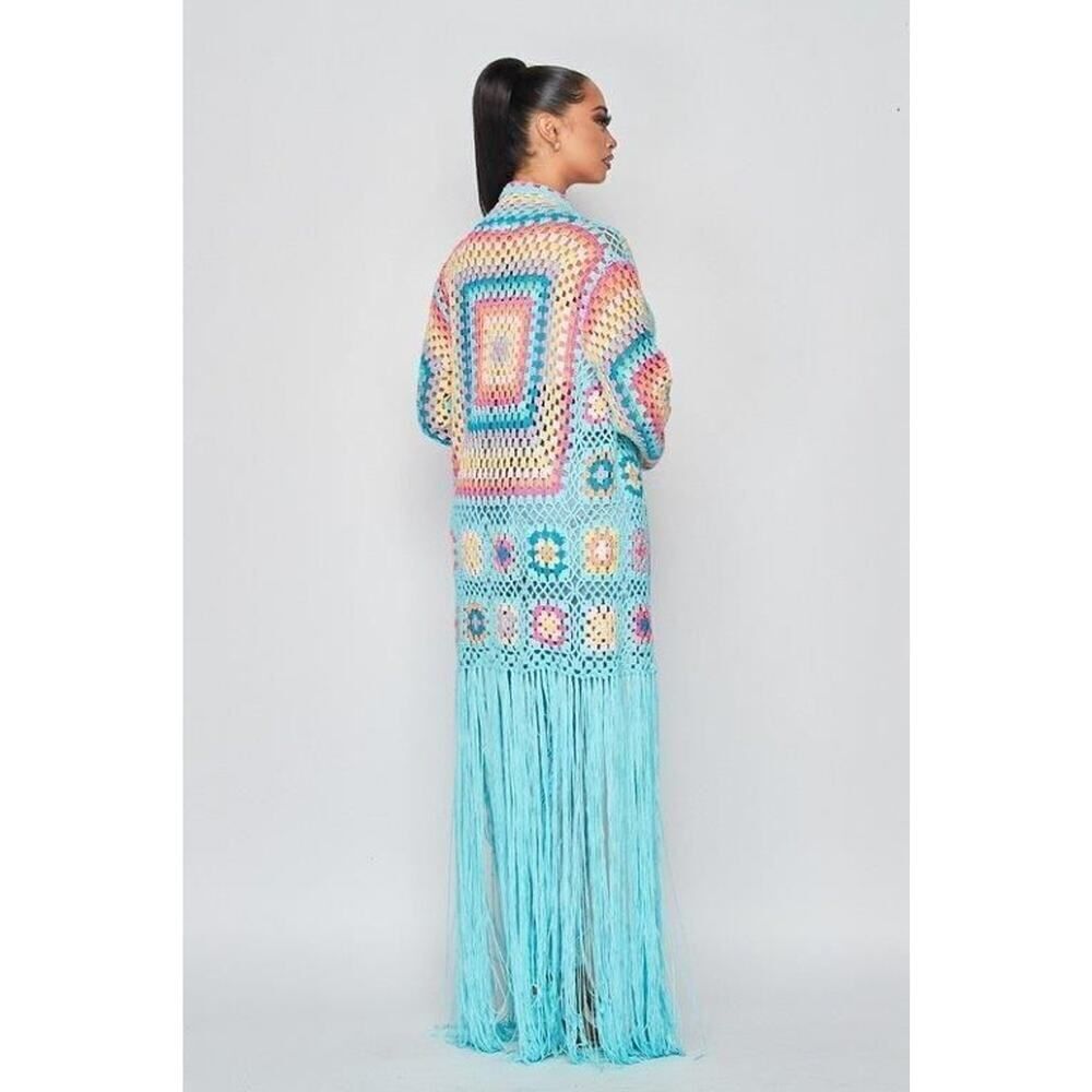 No 1 Los angeles acrylic crochet quilted muti color maxi cardigan sweater duster